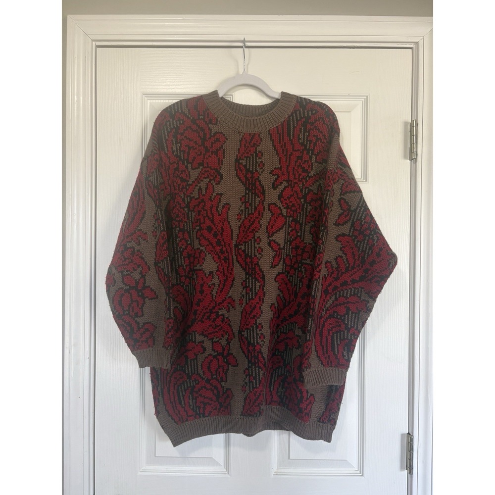 Benetton Vintage Wool Sweater Brown Red Embroidered Preppy Italy Mens XL